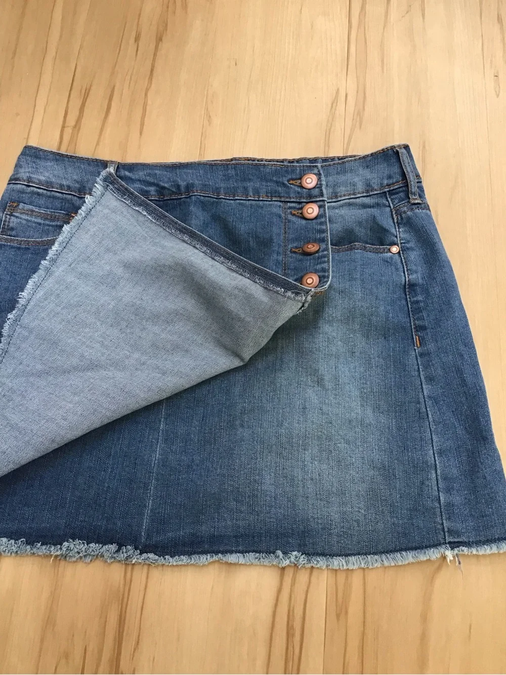 Blue Jean Denim‎ Asymmetrical Wrap Faded Frayed Mini Skirt Sz 9 Military Buttons